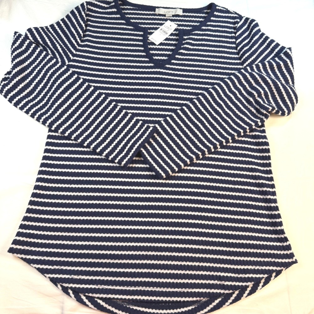 Loft Waffle Knit Top Womens L Navy Blue White Striped Long Sleeve Casual NWT - Picture 3 of 9